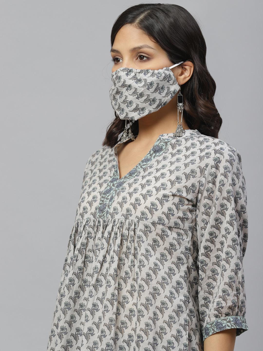 Grey Printed Cotton Kurti With Mask - ShopLibas