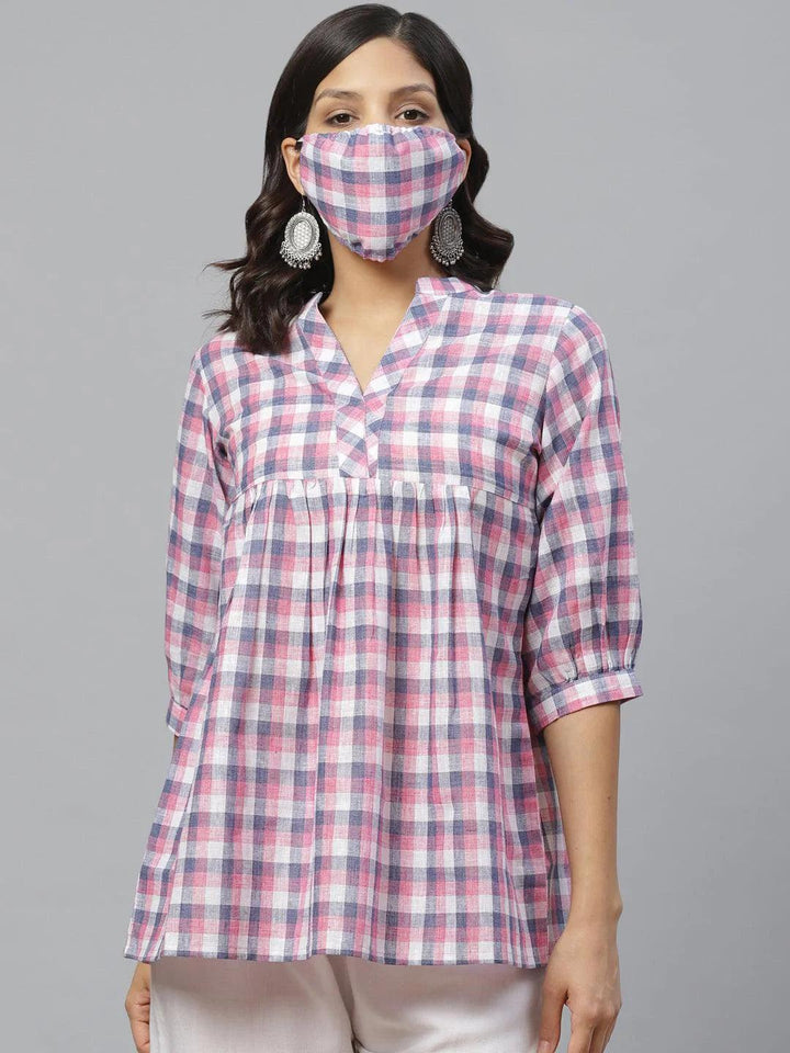 Multicoloured Checkered Cotton Kurti With Mask