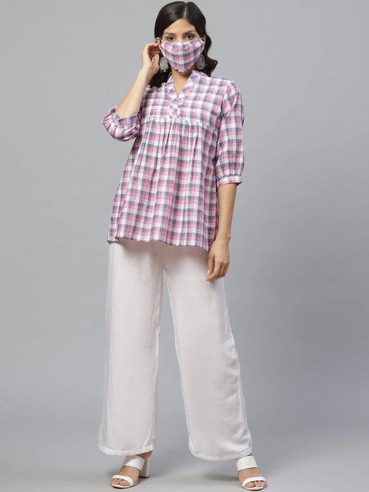 Multicoloured Checkered Cotton Kurti With Mask