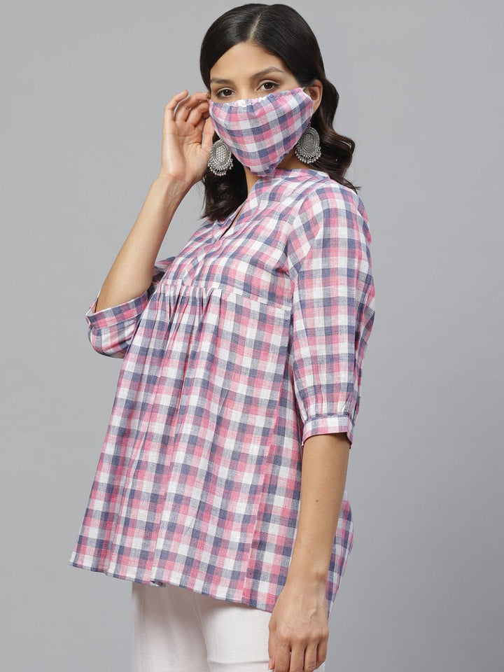 Multicoloured Checkered Cotton Kurti With Mask
