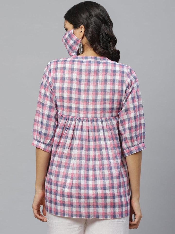 Multicoloured Checkered Cotton Kurti With Mask