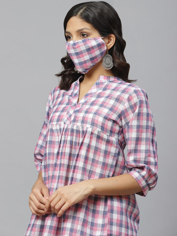 Multicoloured Checkered Cotton Kurti With Mask