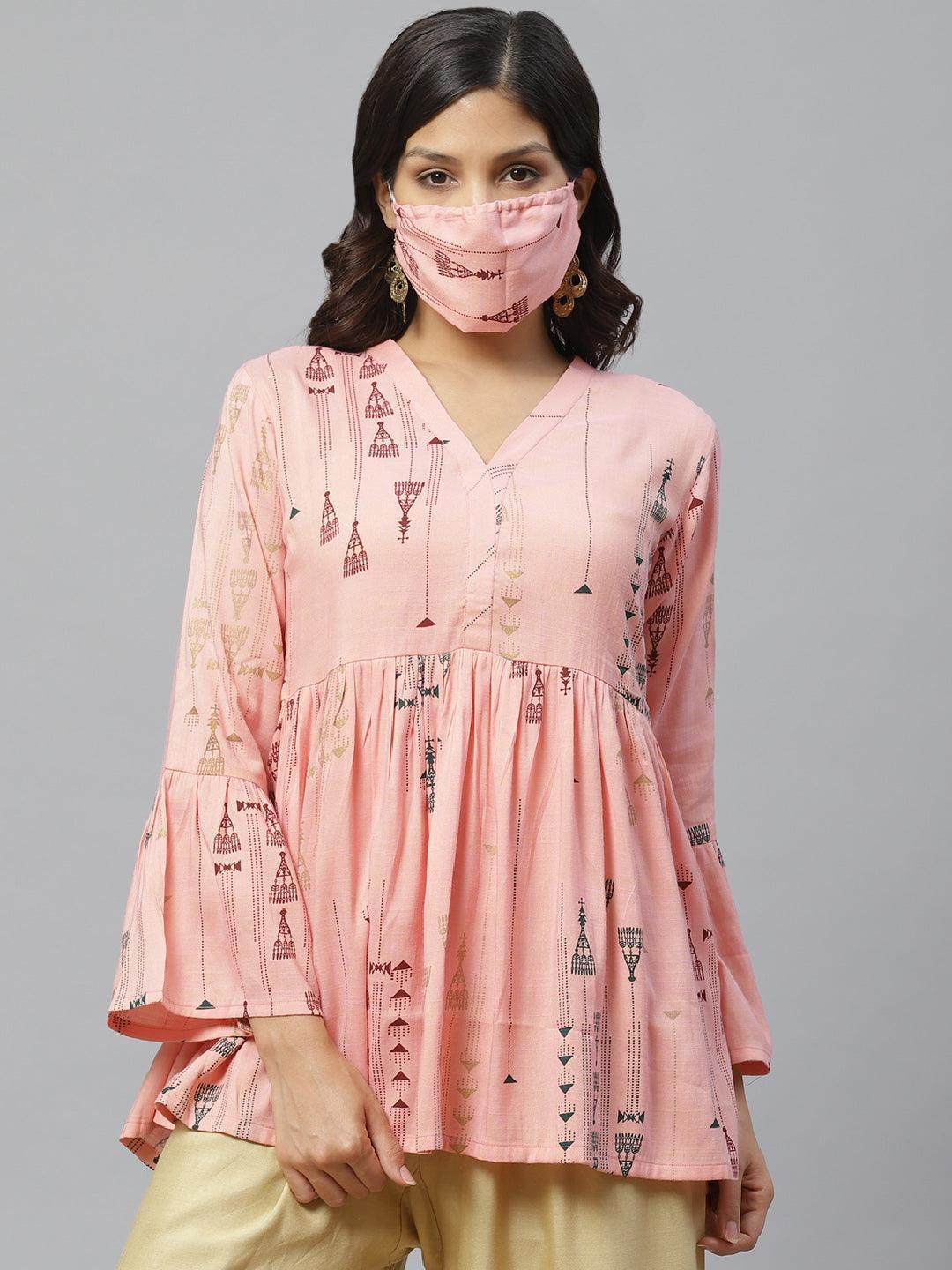 Pink Printed Rayon Kurti With Mask - ShopLibas