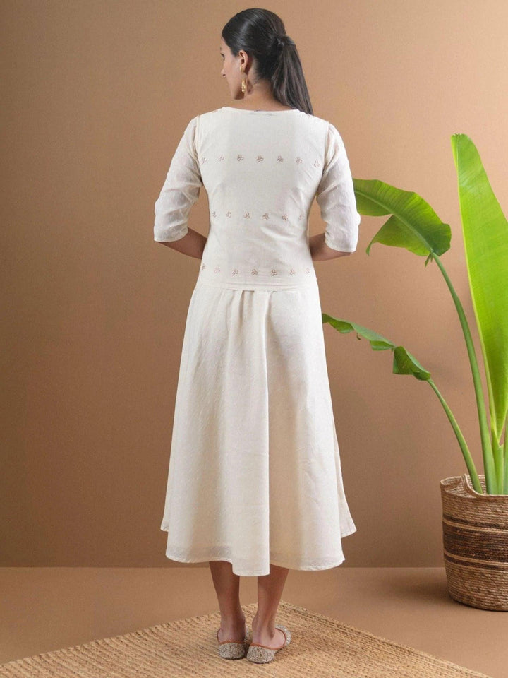 Beige Solid Cotton Jacket Dress With Mask
