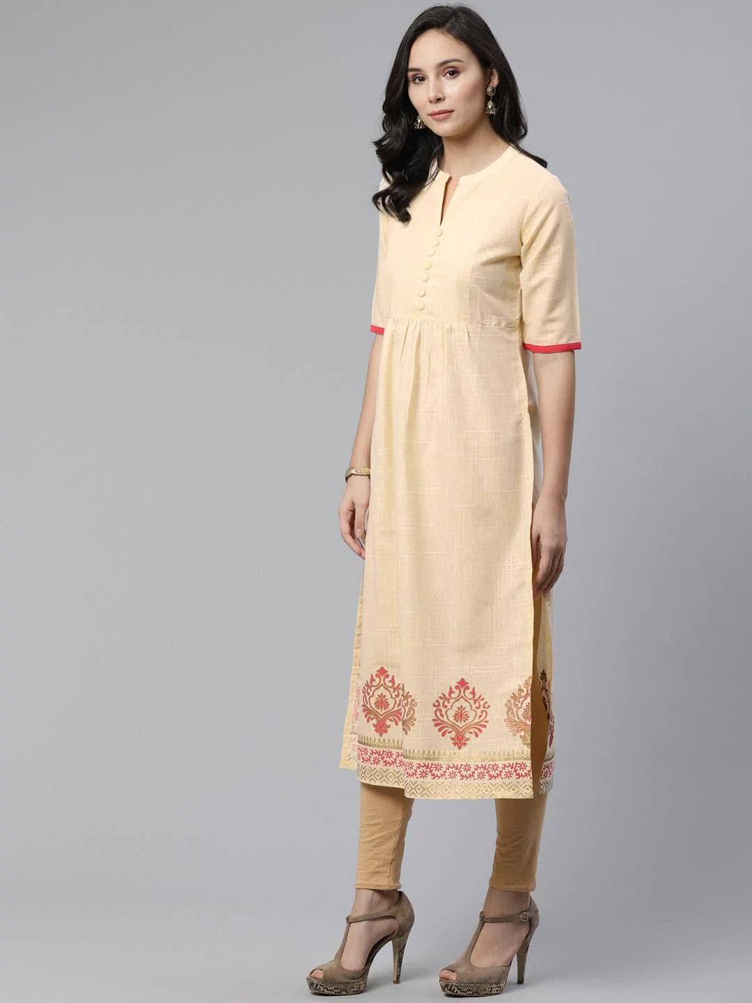 Beige Printed Cotton Kurti - ShopLibas