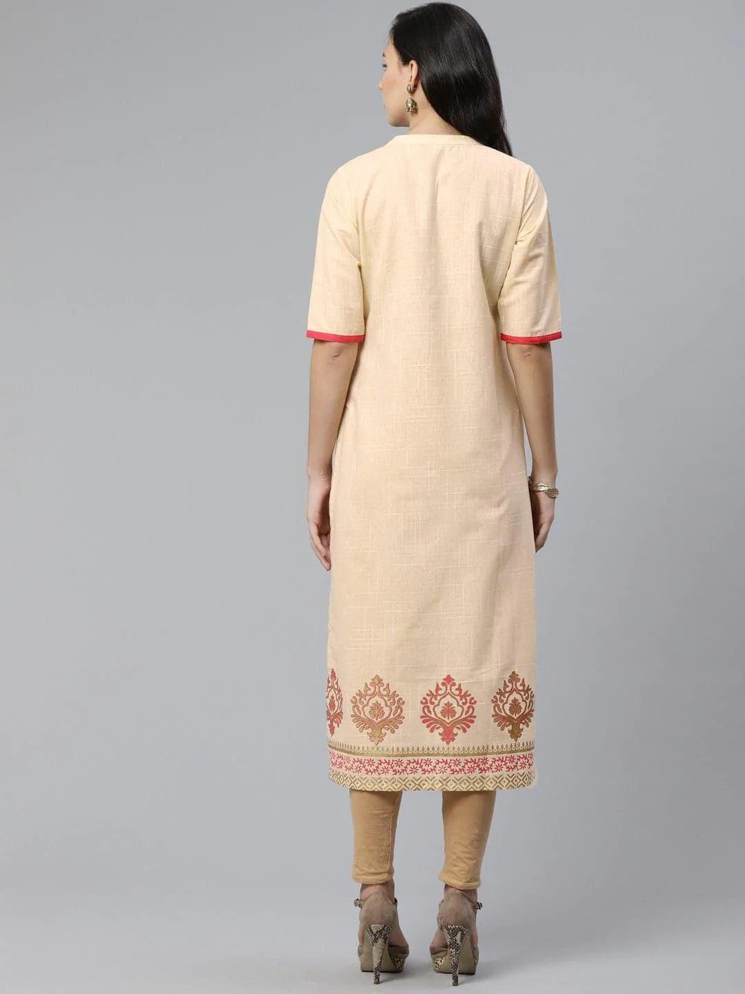 Beige Printed Cotton Kurti - ShopLibas