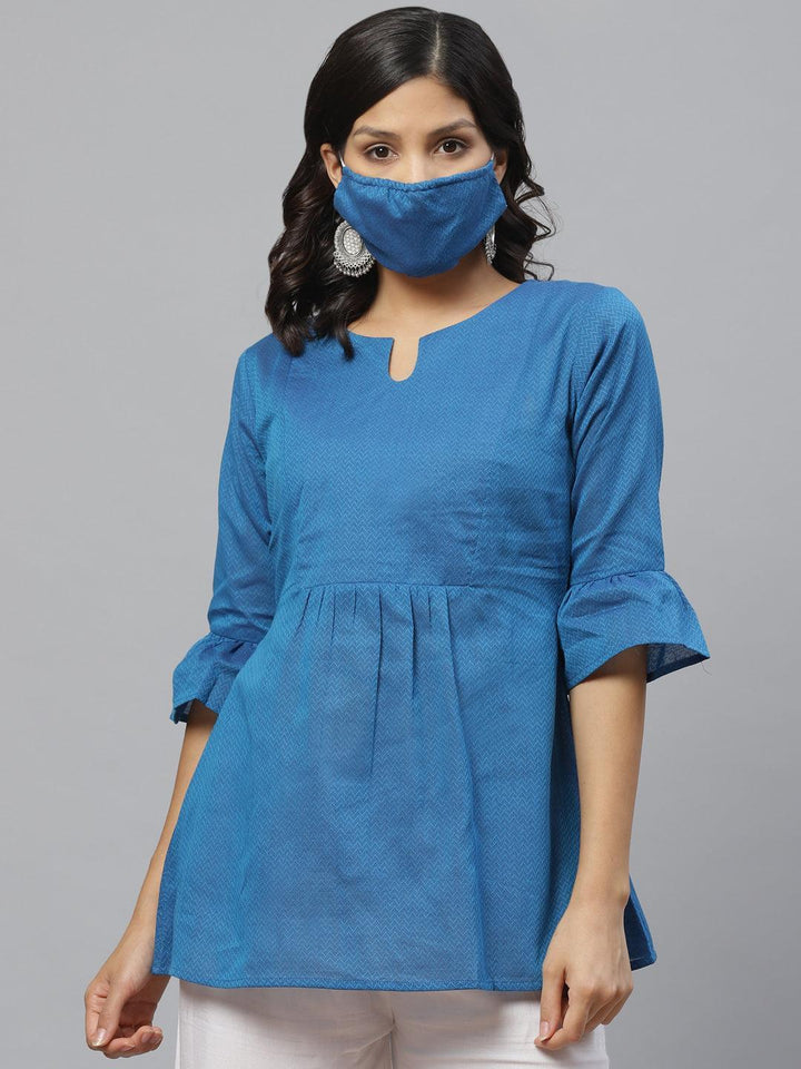 Blue Self Design Cotton Kurti With Mask
