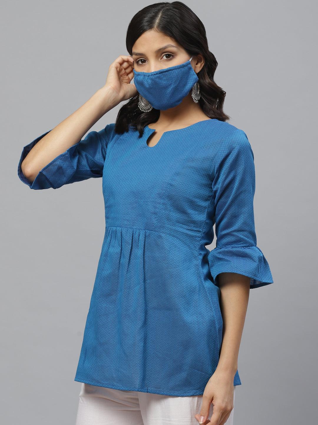 Blue Self Design Cotton Kurti With Mask - ShopLibas