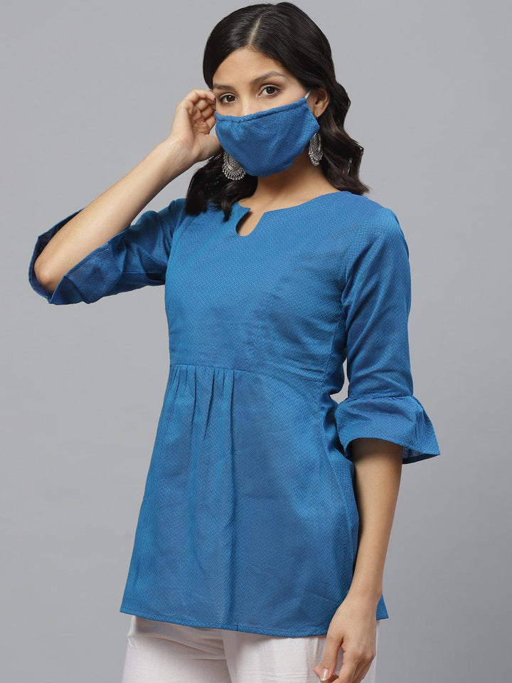 Blue Self Design Cotton Kurti With Mask
