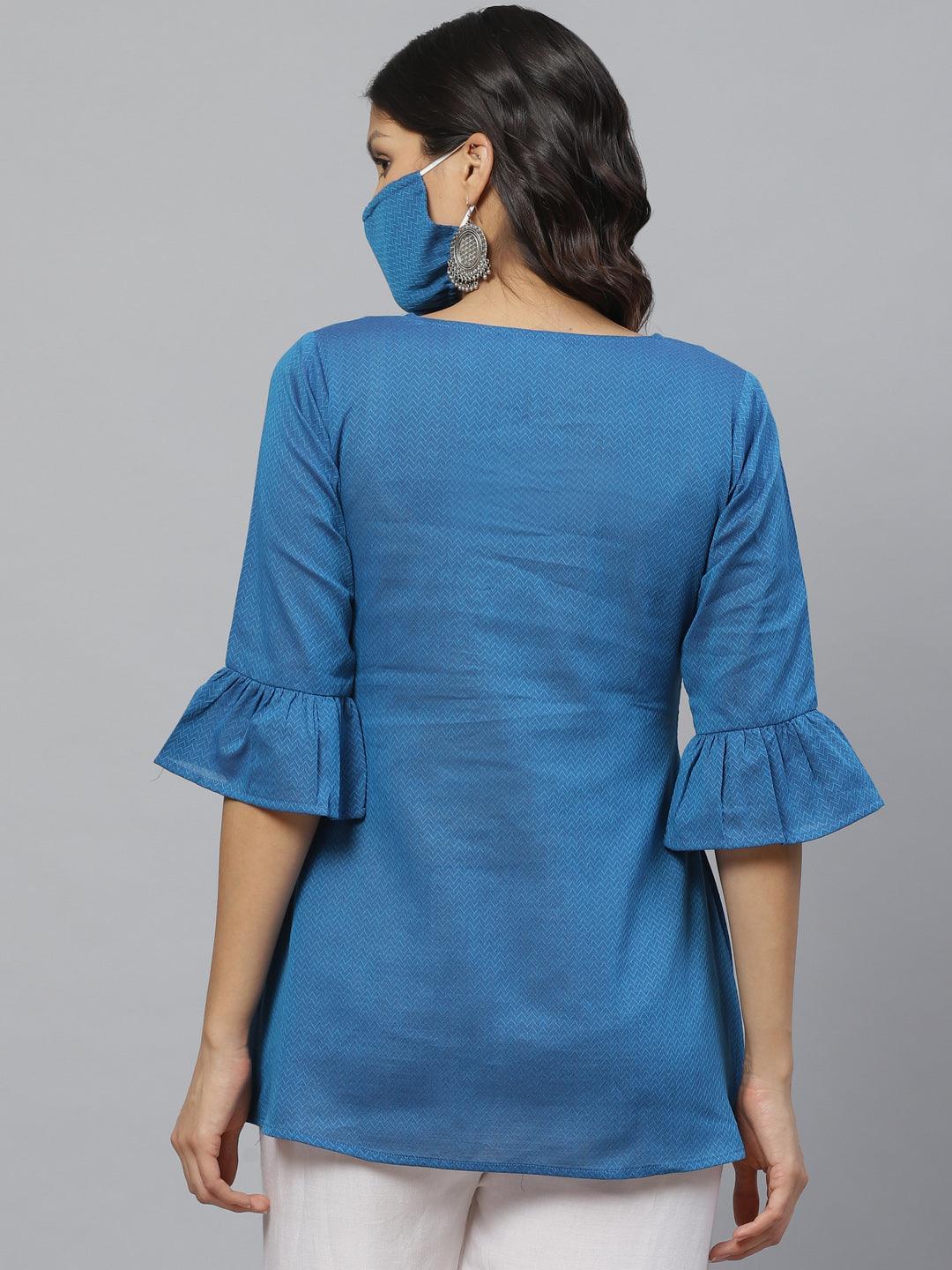 Blue Self Design Cotton Kurti With Mask - ShopLibas