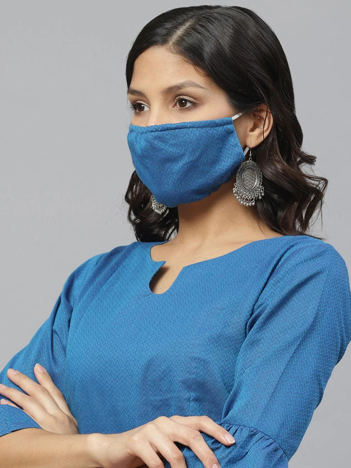 Blue Self Design Cotton Kurti With Mask