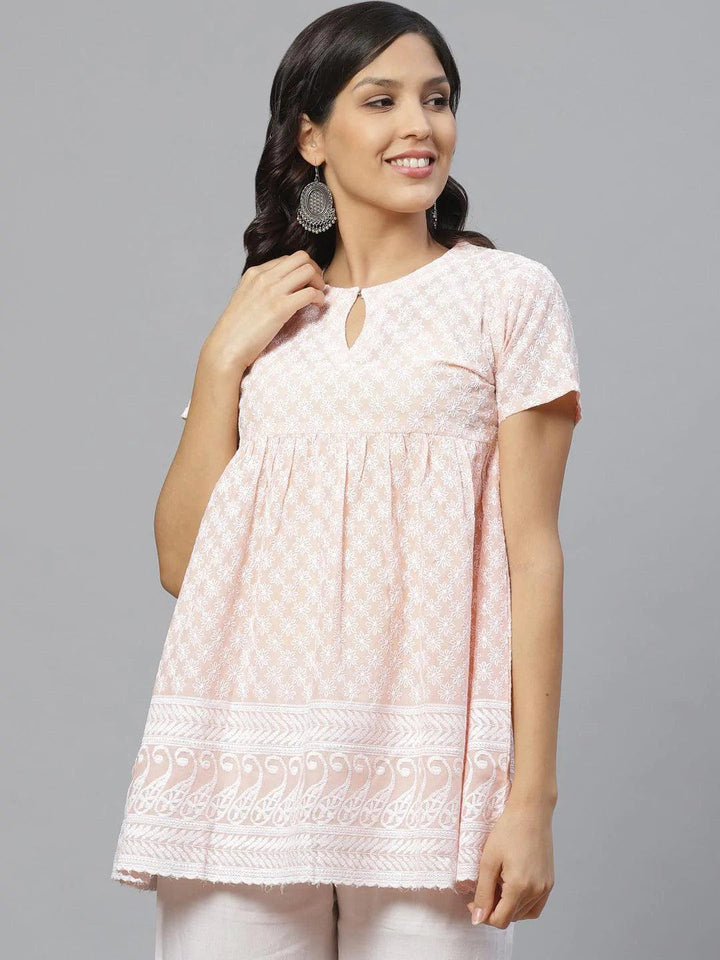 Peach Embroidered Cotton Kurti