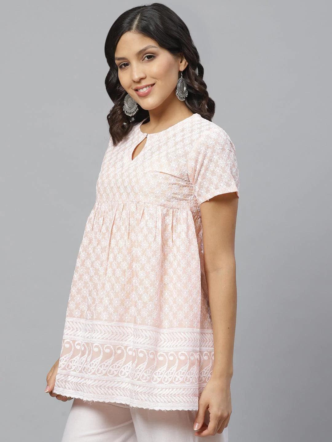 Peach Embroidered Cotton Kurti - ShopLibas