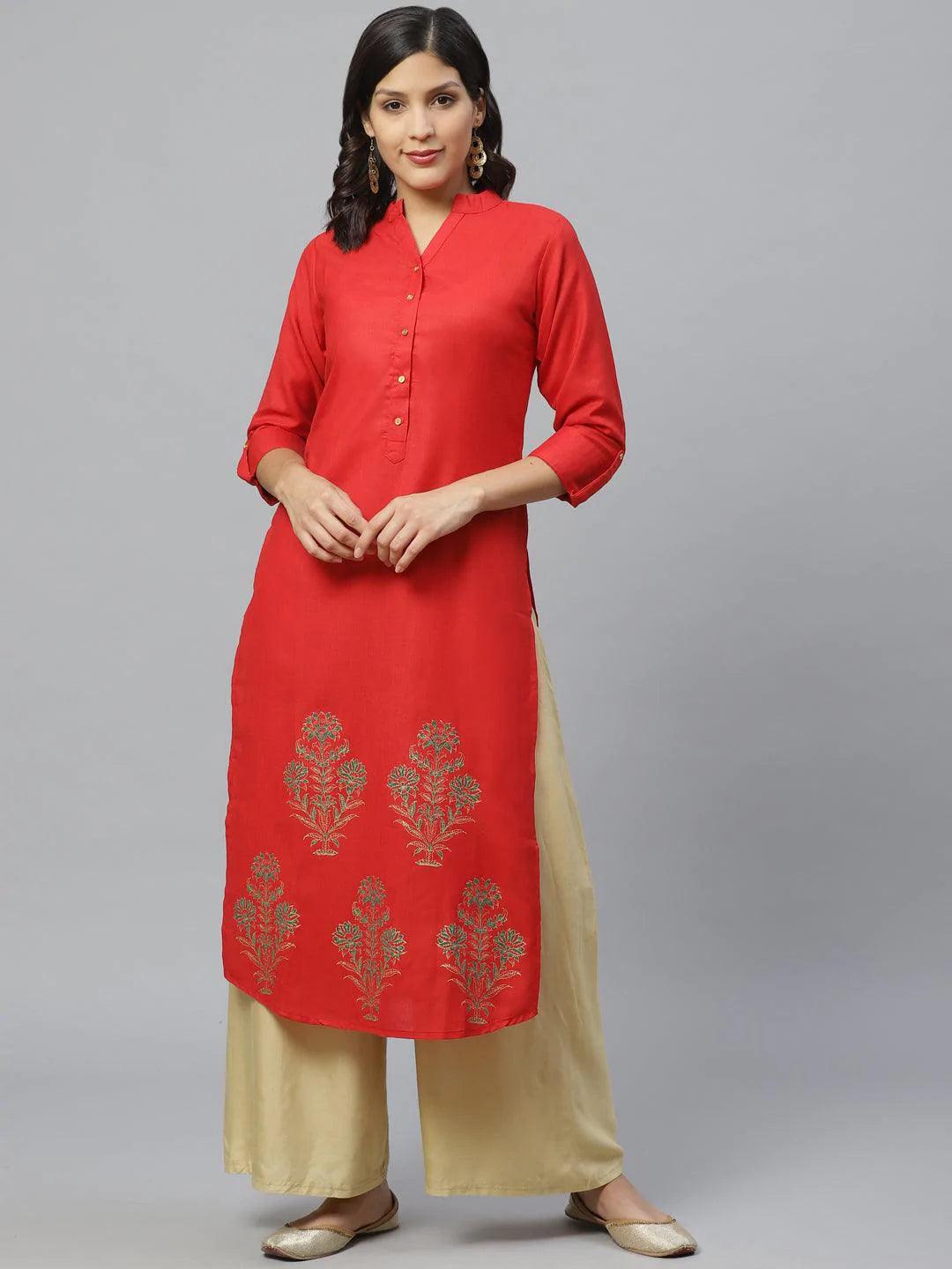 Red Printed Cotton Kurta - ShopLibas