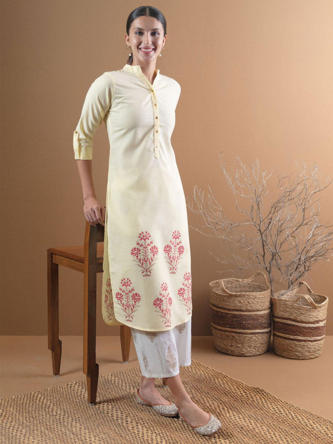 Yellow Printed Cotton Kurta - ShopLibas