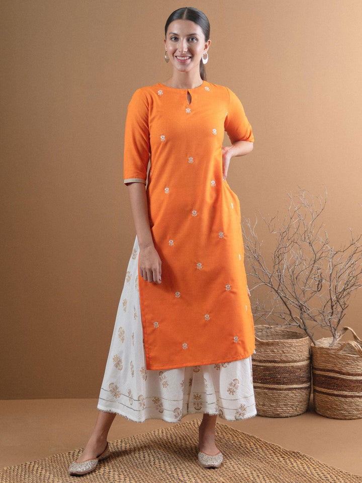 Orange Embroidered Cotton Kurta