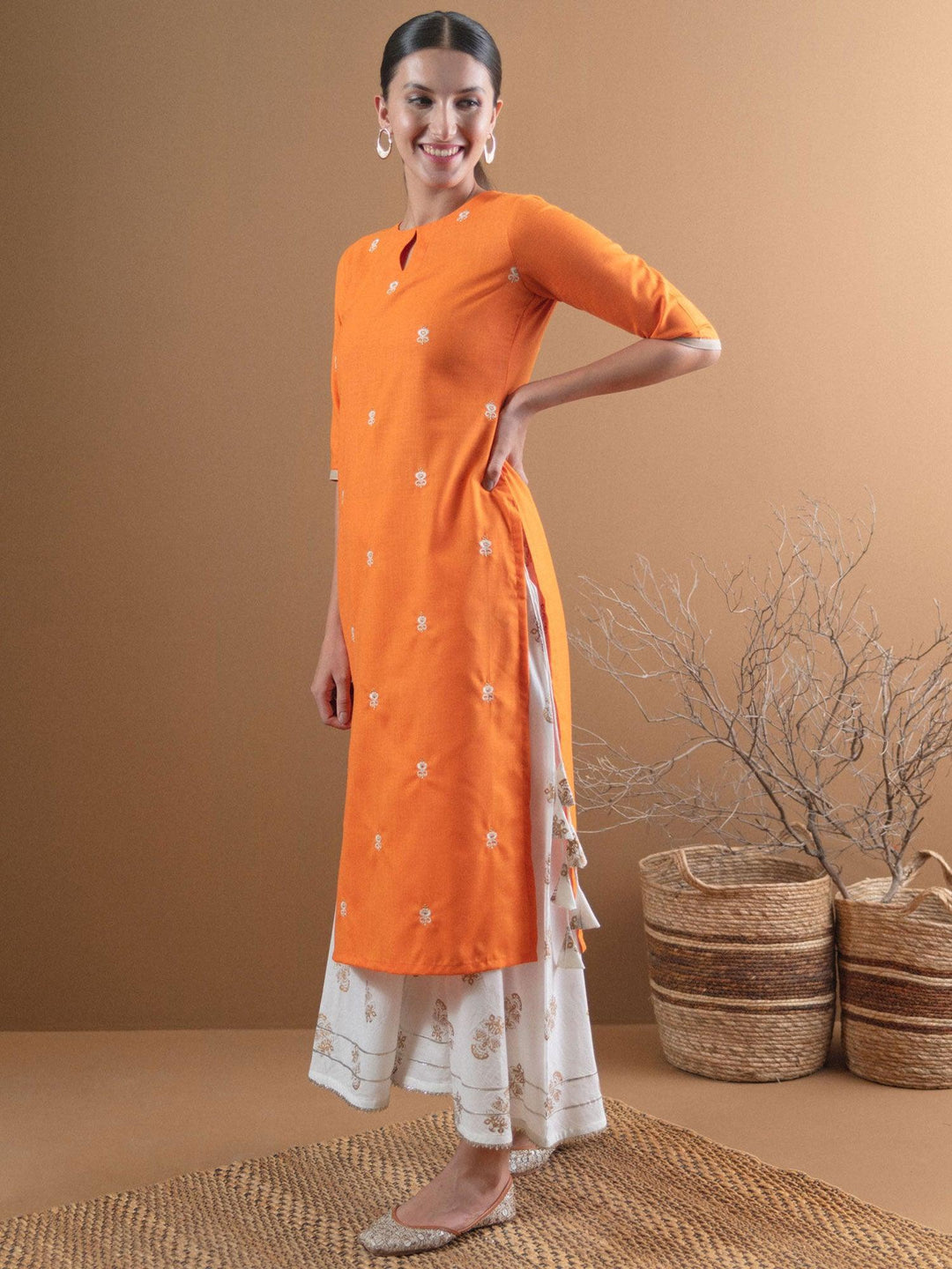 Orange Embroidered Cotton Kurta - ShopLibas