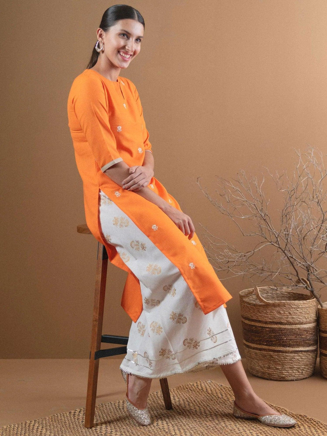 Orange Embroidered Cotton Kurta - ShopLibas