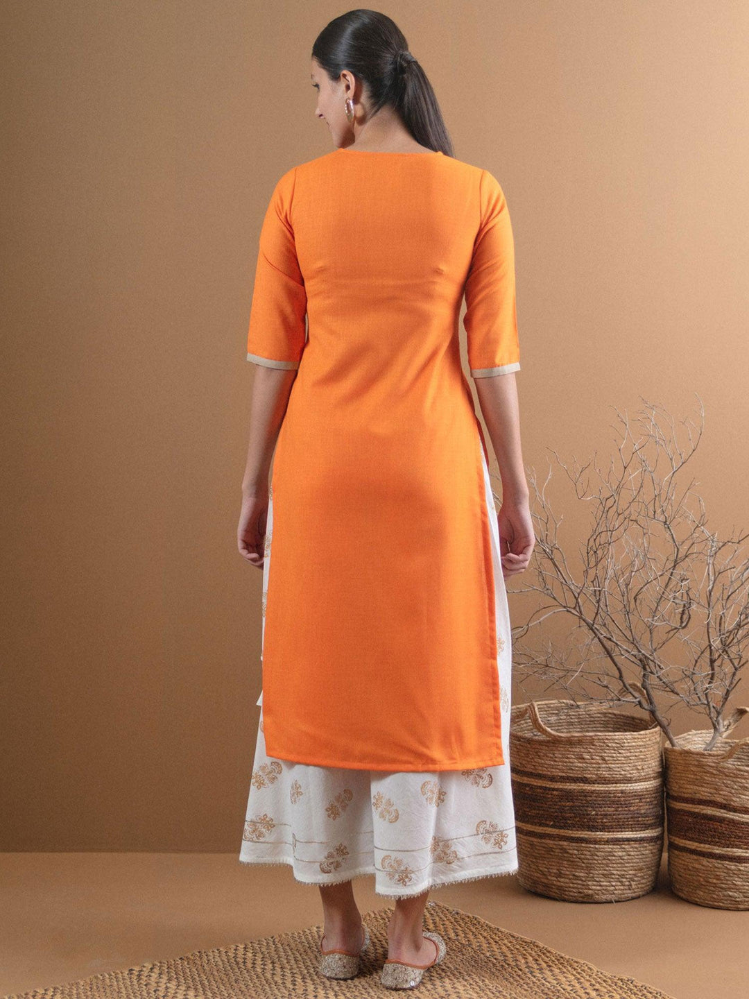 Orange Embroidered Cotton Kurta - ShopLibas