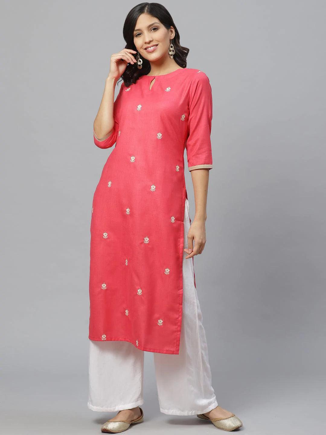 Pink Embroidered Cotton Kurta - ShopLibas