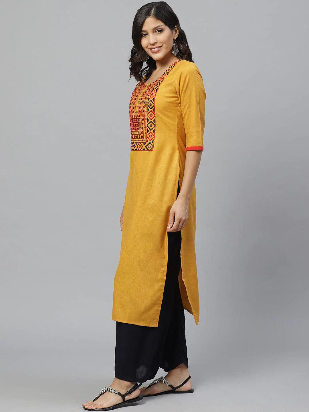 Yellow Embroidered Cotton Kurta - ShopLibas