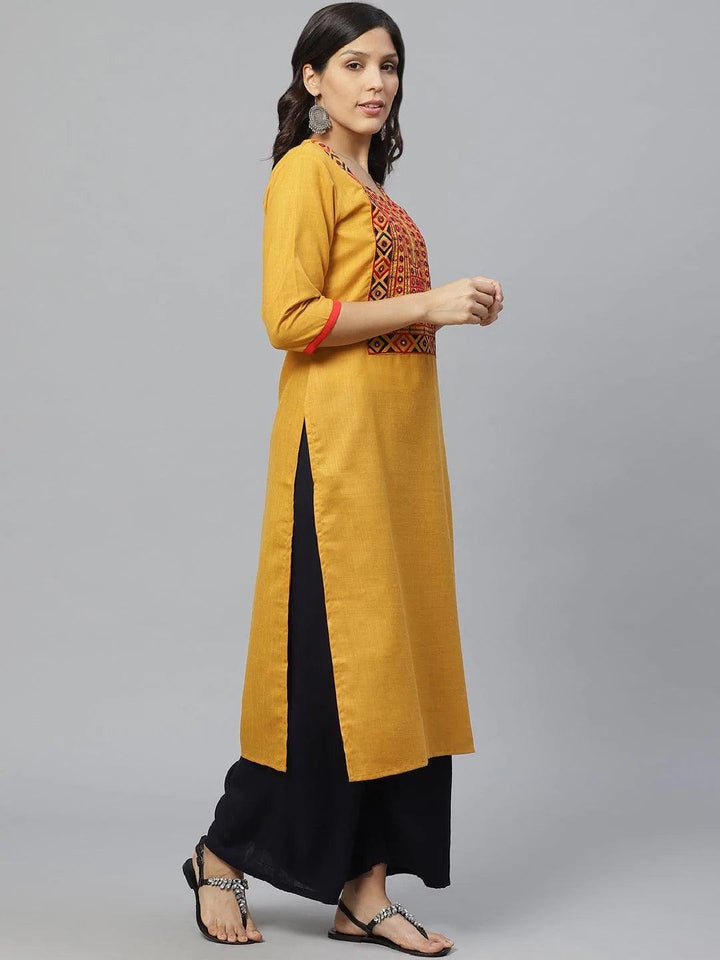 Yellow Embroidered Cotton Kurta