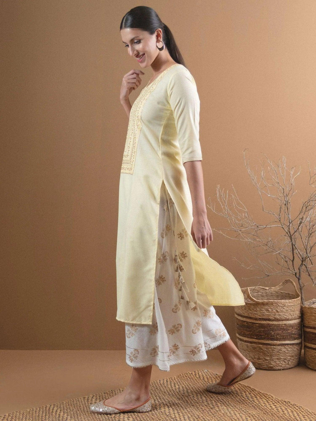 Beige Embroidered Cotton Kurta With Mask - ShopLibas