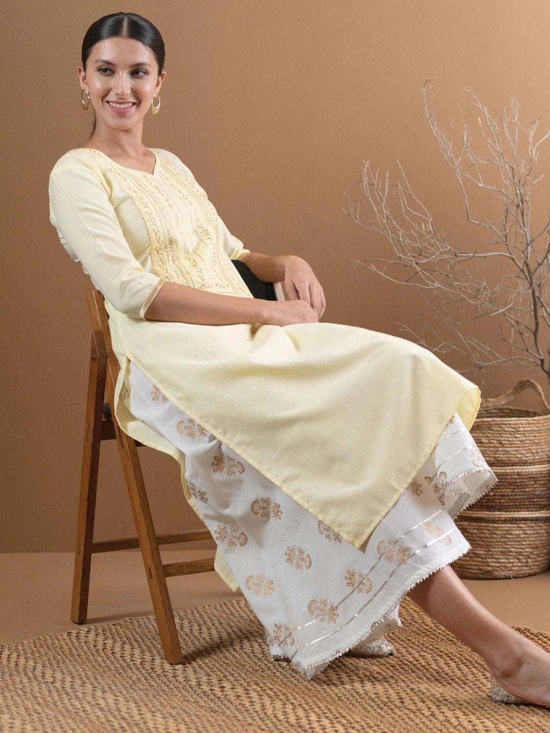 Beige Embroidered Cotton Kurta With Mask - ShopLibas