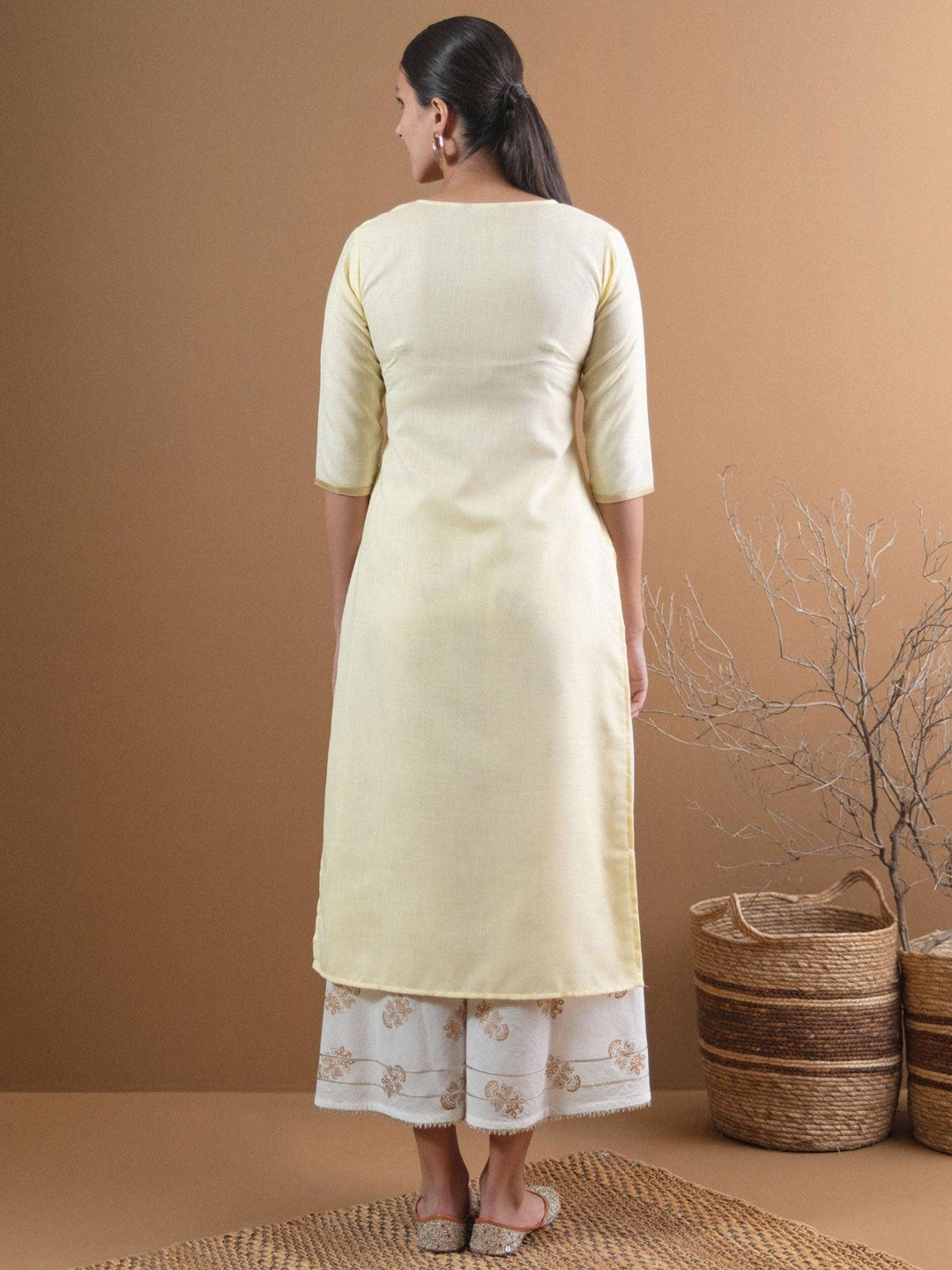 Beige Embroidered Cotton Kurta With Mask - ShopLibas