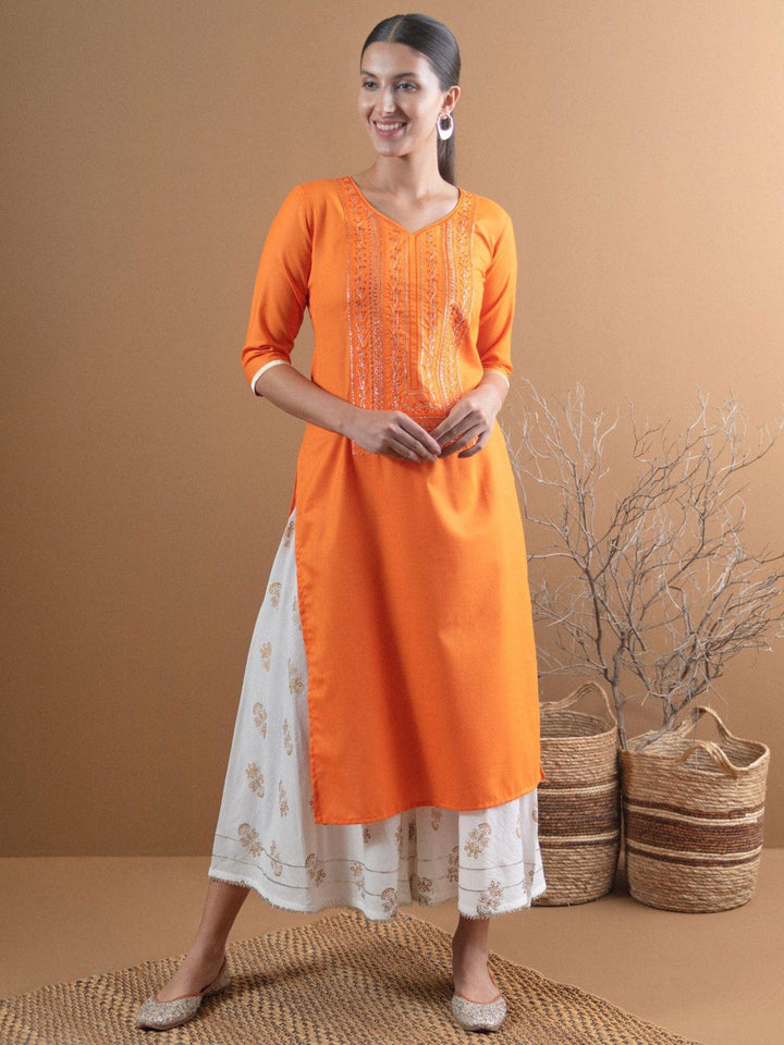 Orange Embroidered Cotton Kurta With Mask