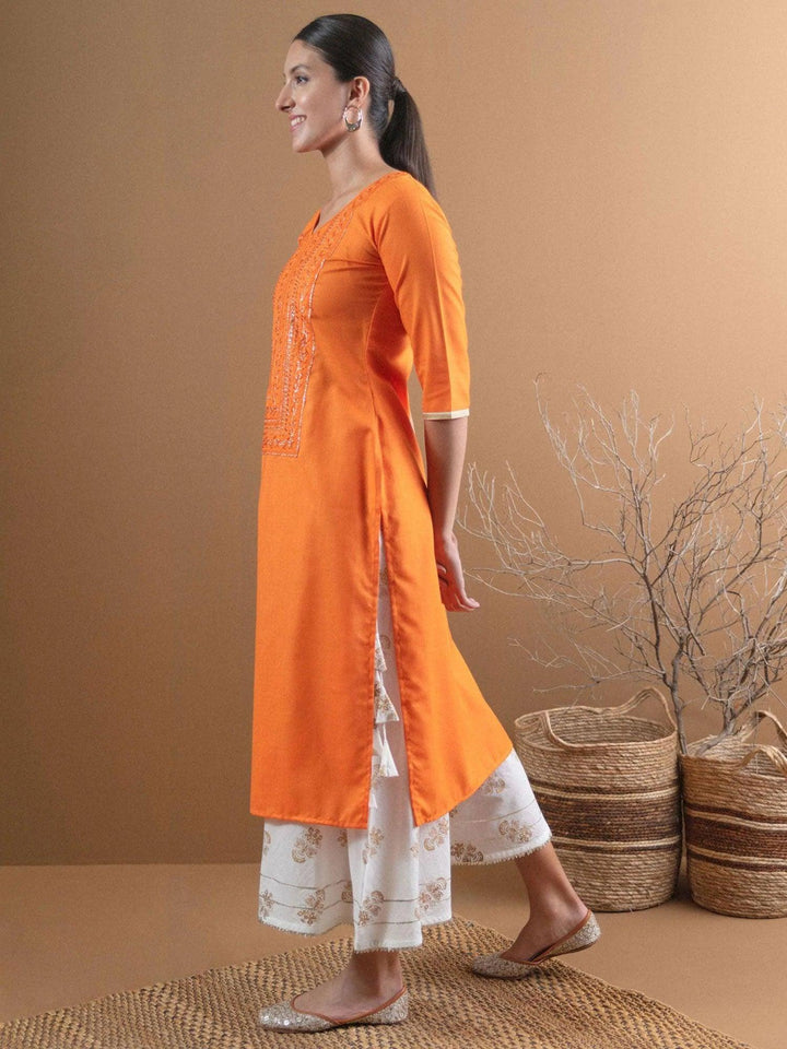 Orange Embroidered Cotton Kurta With Mask