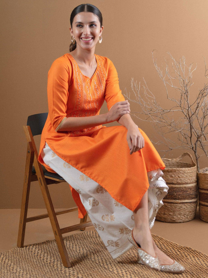 Orange Embroidered Cotton Kurta With Mask