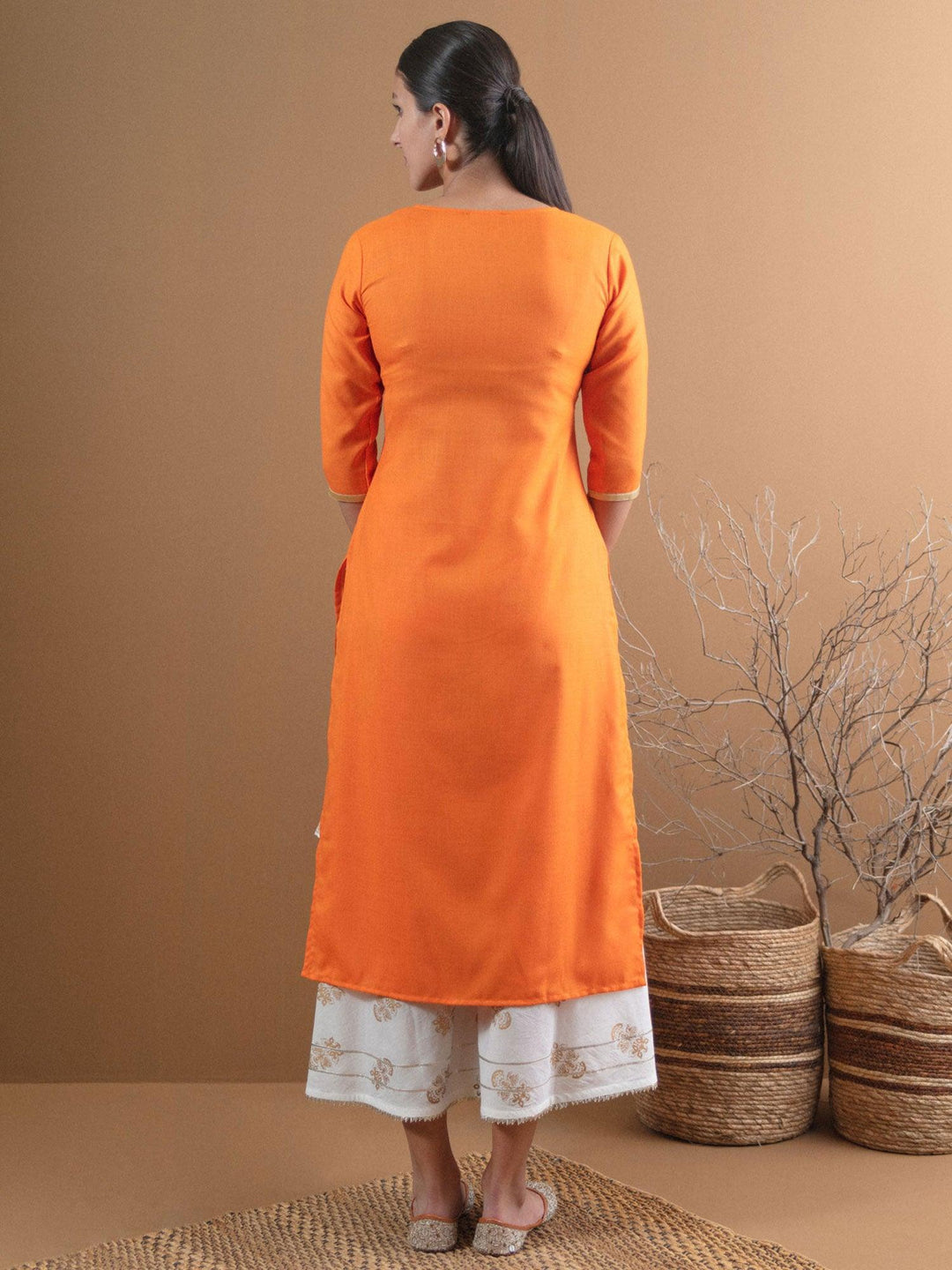 Orange Embroidered Cotton Kurta With Mask - ShopLibas