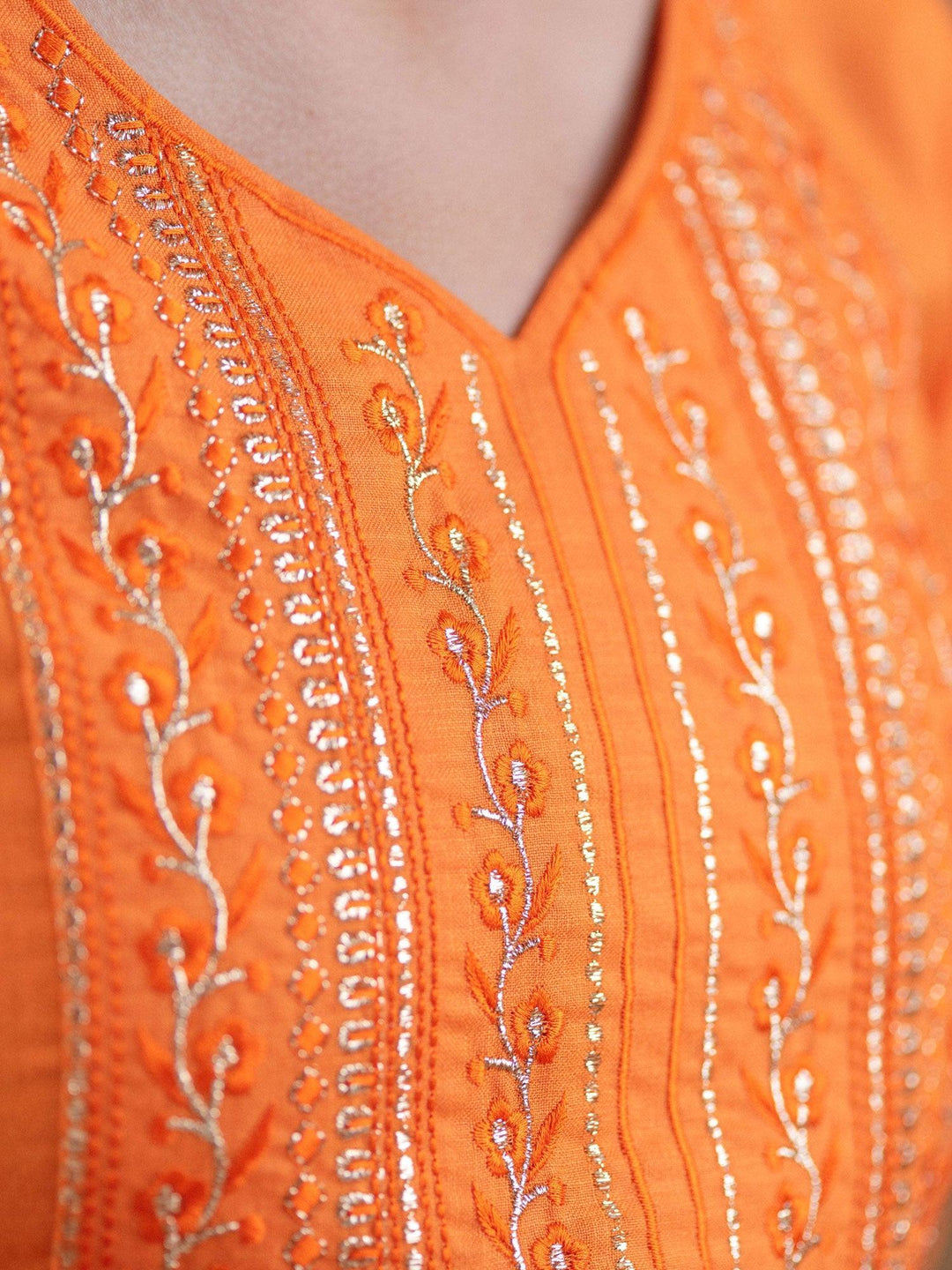 Orange Embroidered Cotton Kurta With Mask - ShopLibas