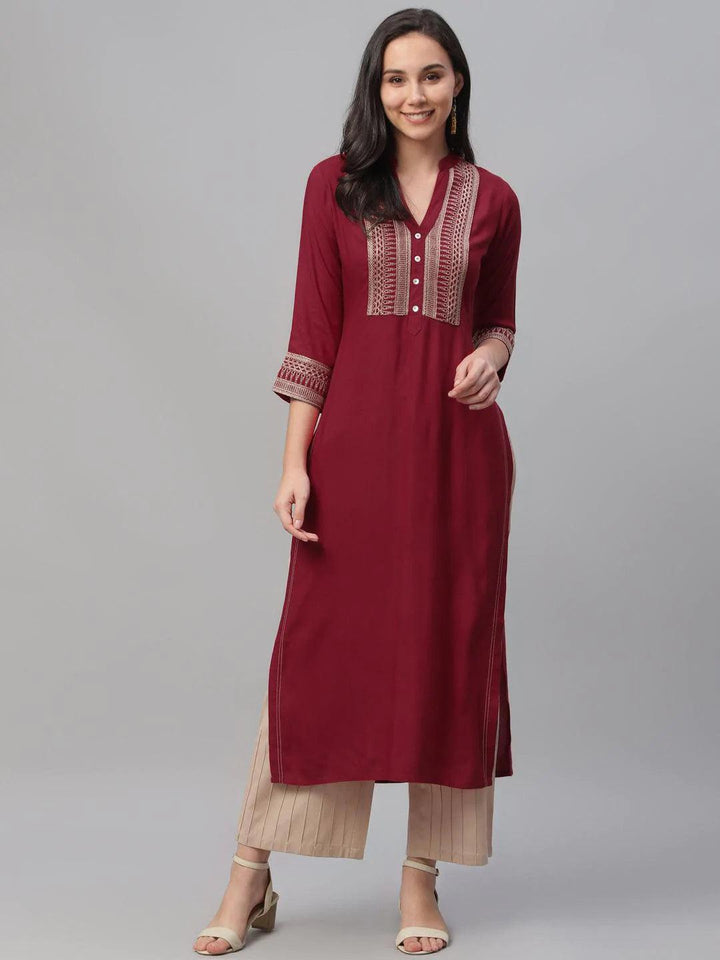 Maroon Embroidered Rayon Kurta