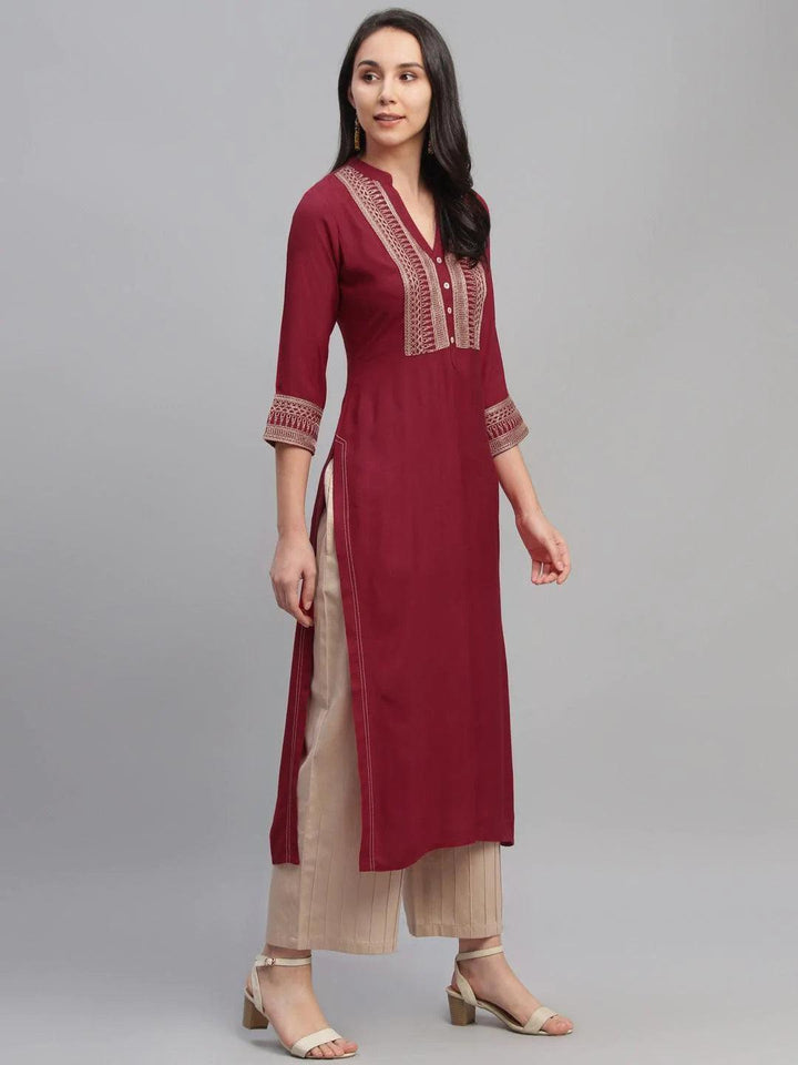 Maroon Embroidered Rayon Kurta