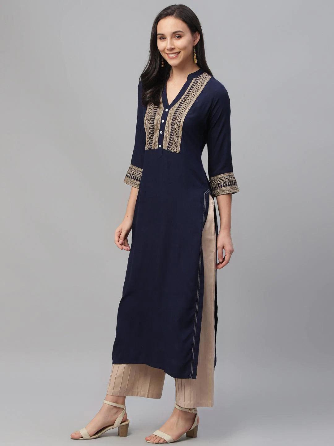 Blue Embroidered Rayon Kurta - ShopLibas