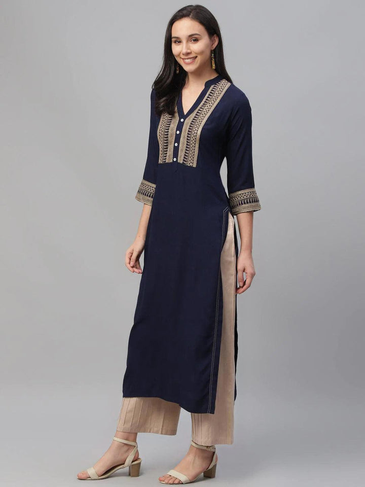 Blue Embroidered Rayon Kurta