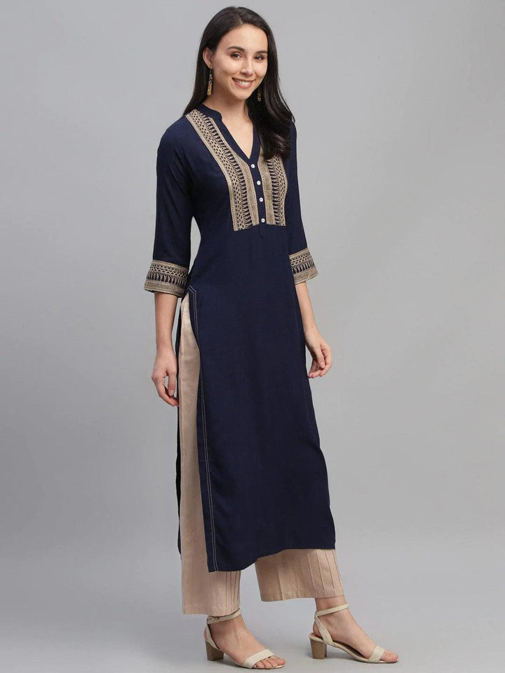 Blue Embroidered Rayon Kurta