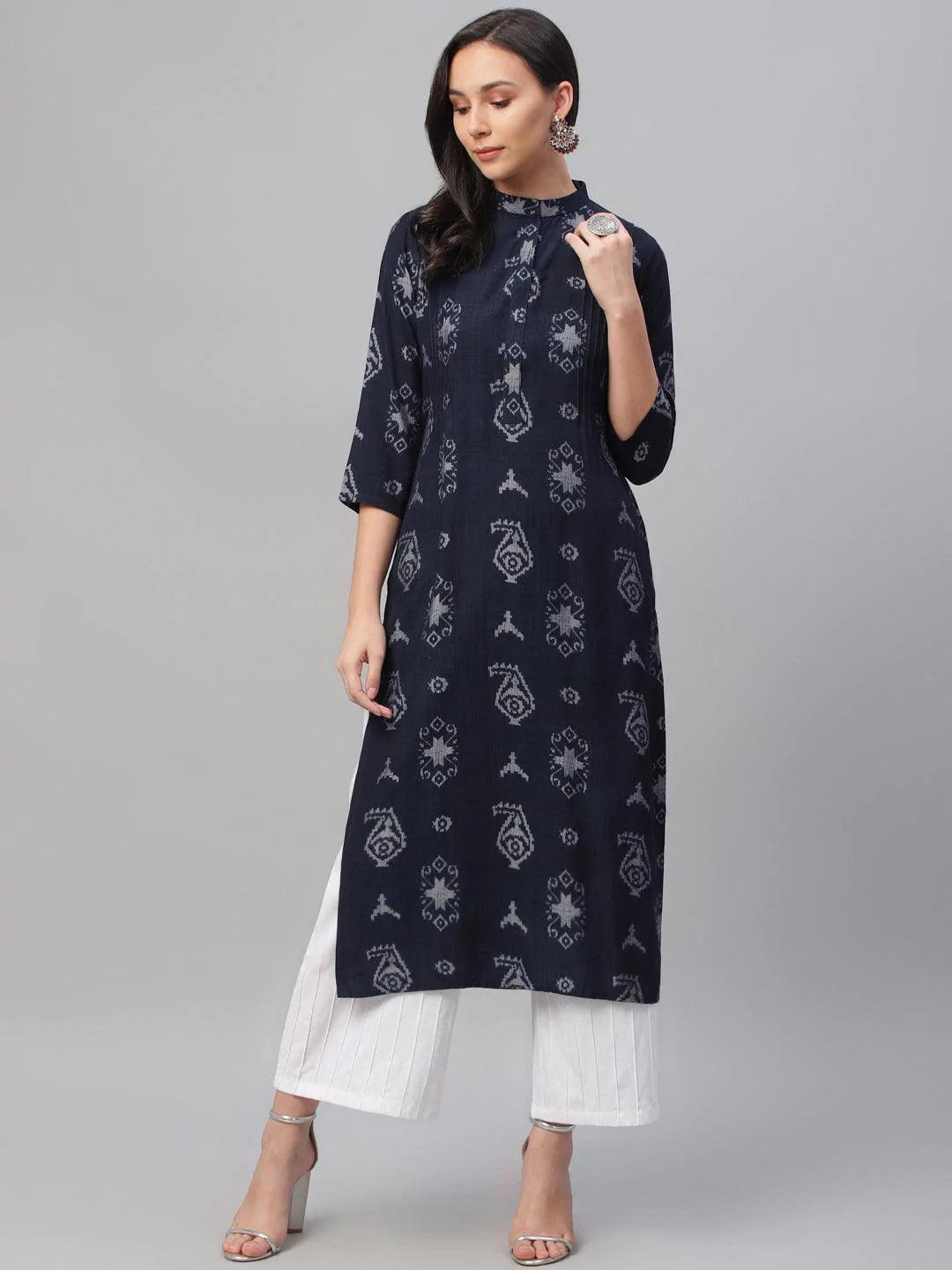 Blue Printed Rayon Kurta - ShopLibas