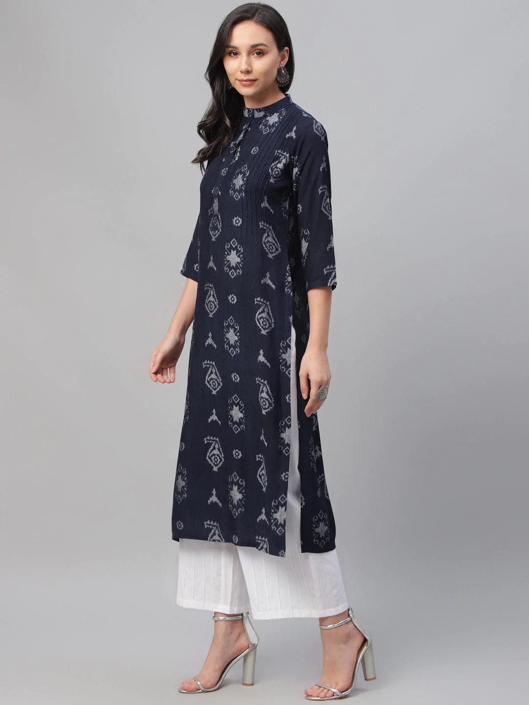 Blue Printed Rayon Kurta - ShopLibas