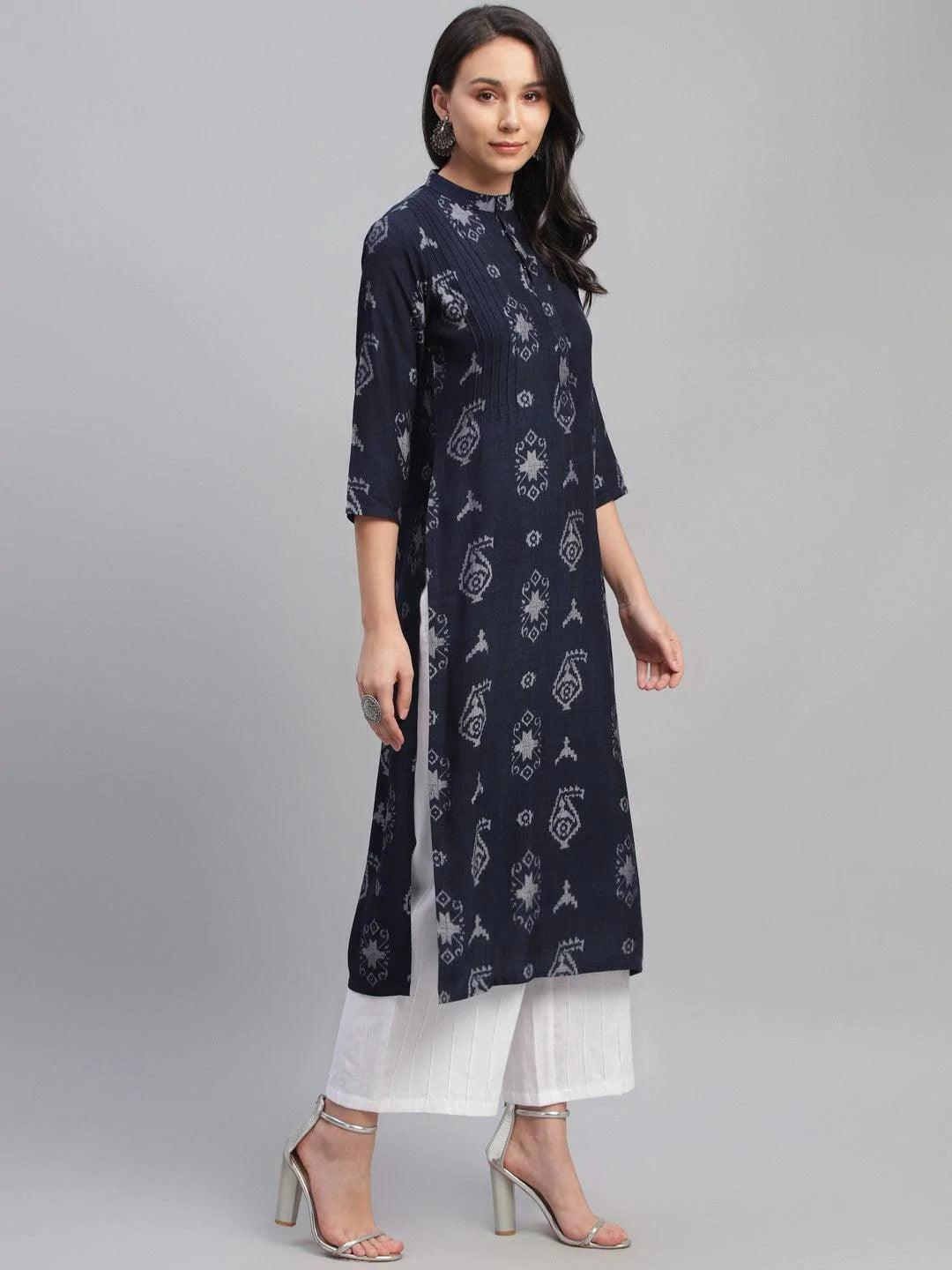 Blue Printed Rayon Kurta - ShopLibas