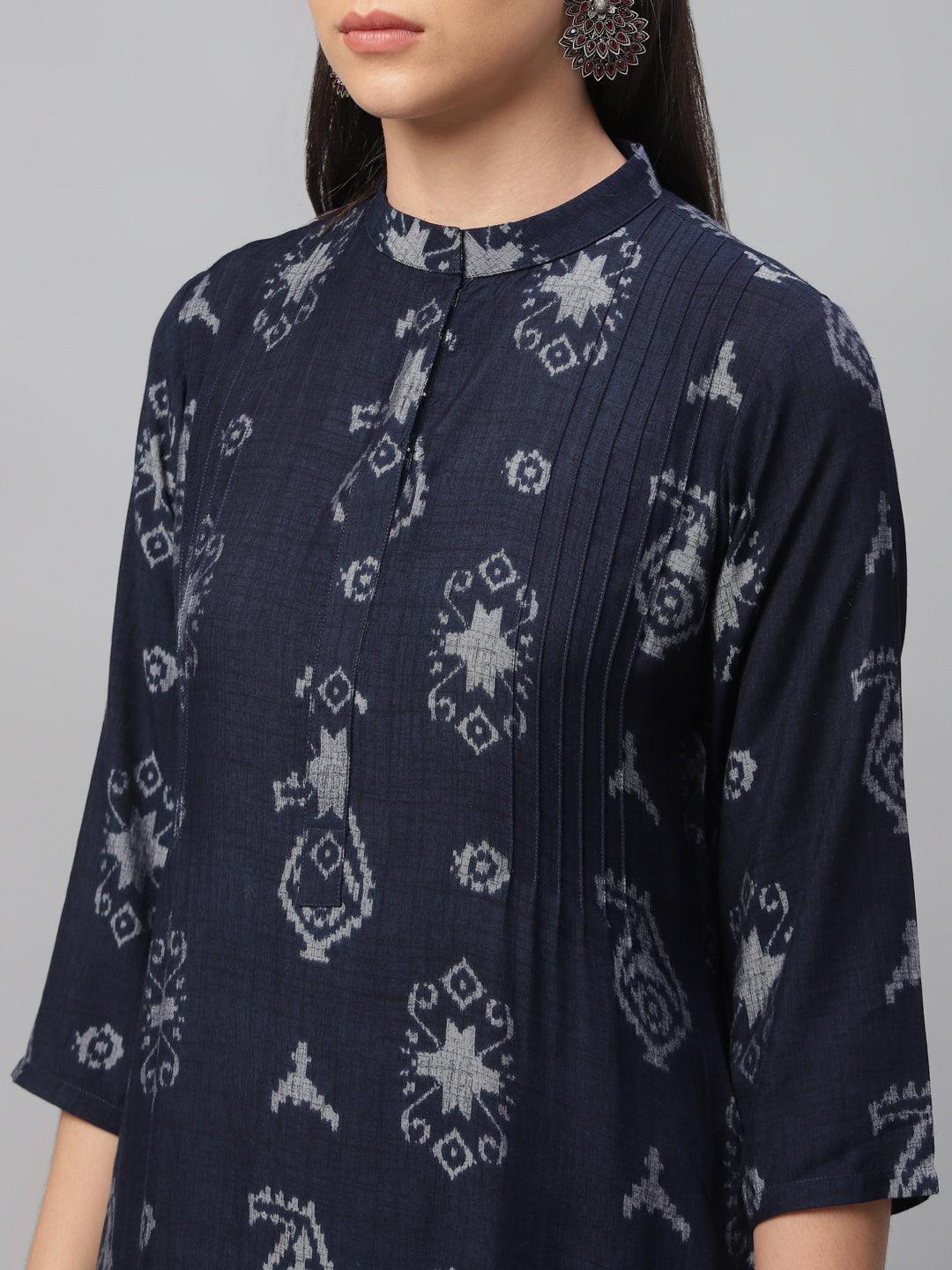 Blue Printed Rayon Kurta - ShopLibas
