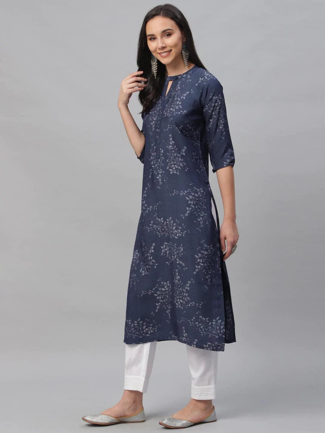 Blue Printed Rayon Kurta - ShopLibas