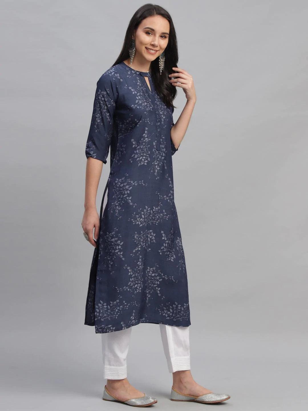 Blue Printed Rayon Kurta - ShopLibas