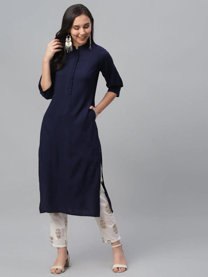 Blue Solid Rayon Kurta