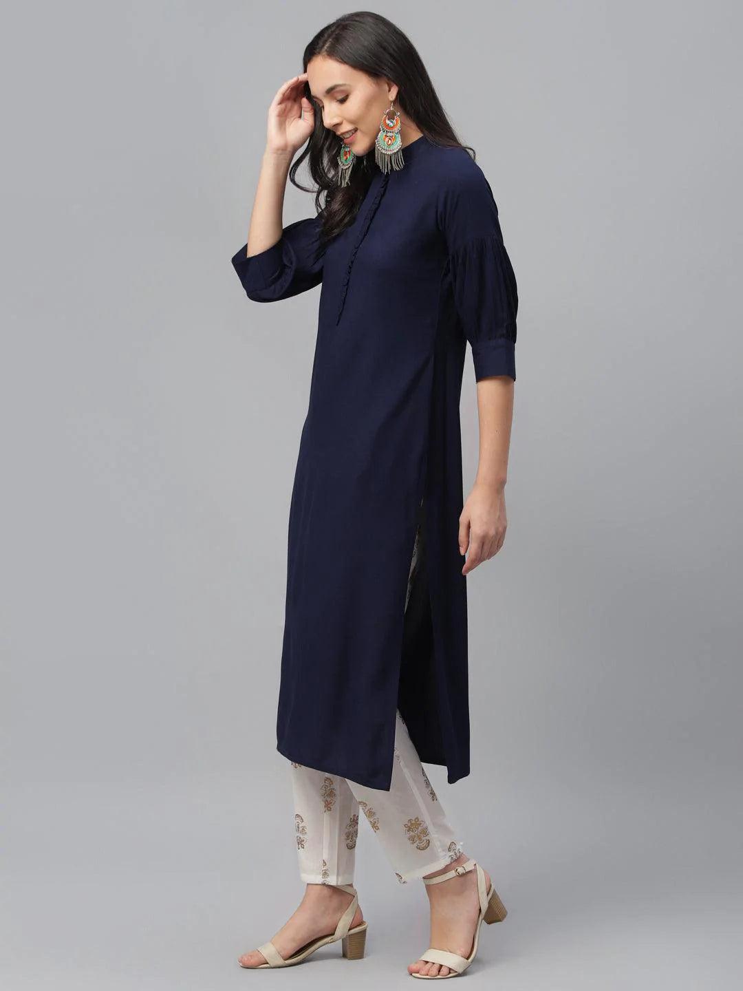 Blue Solid Rayon Kurta - ShopLibas