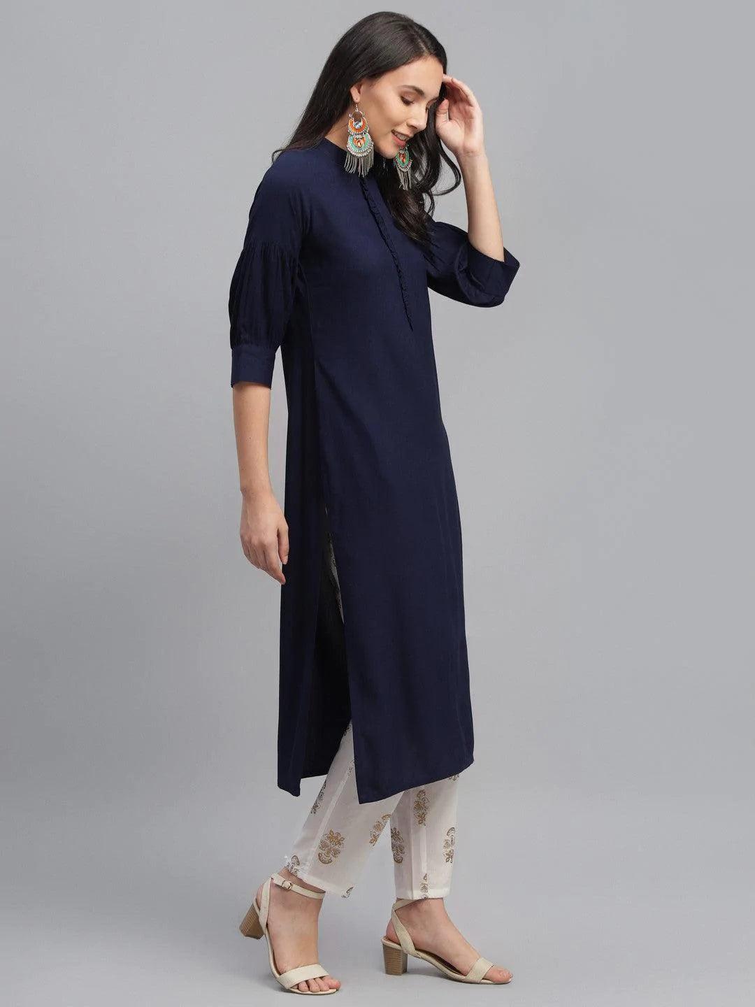 Blue Solid Rayon Kurta - ShopLibas