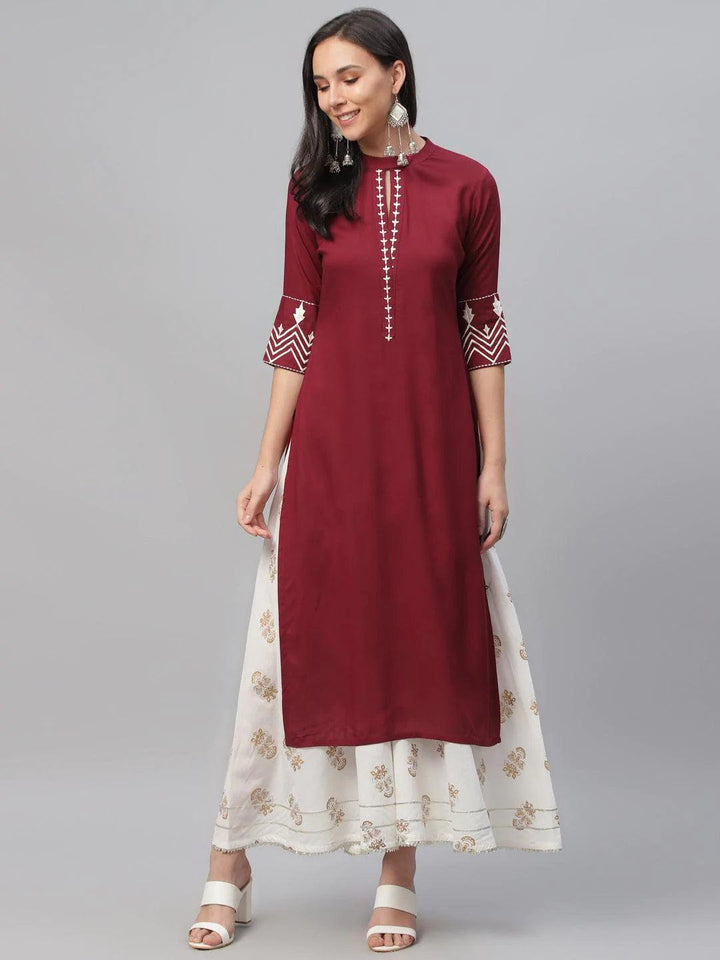 Maroon Embroidered Rayon Kurta