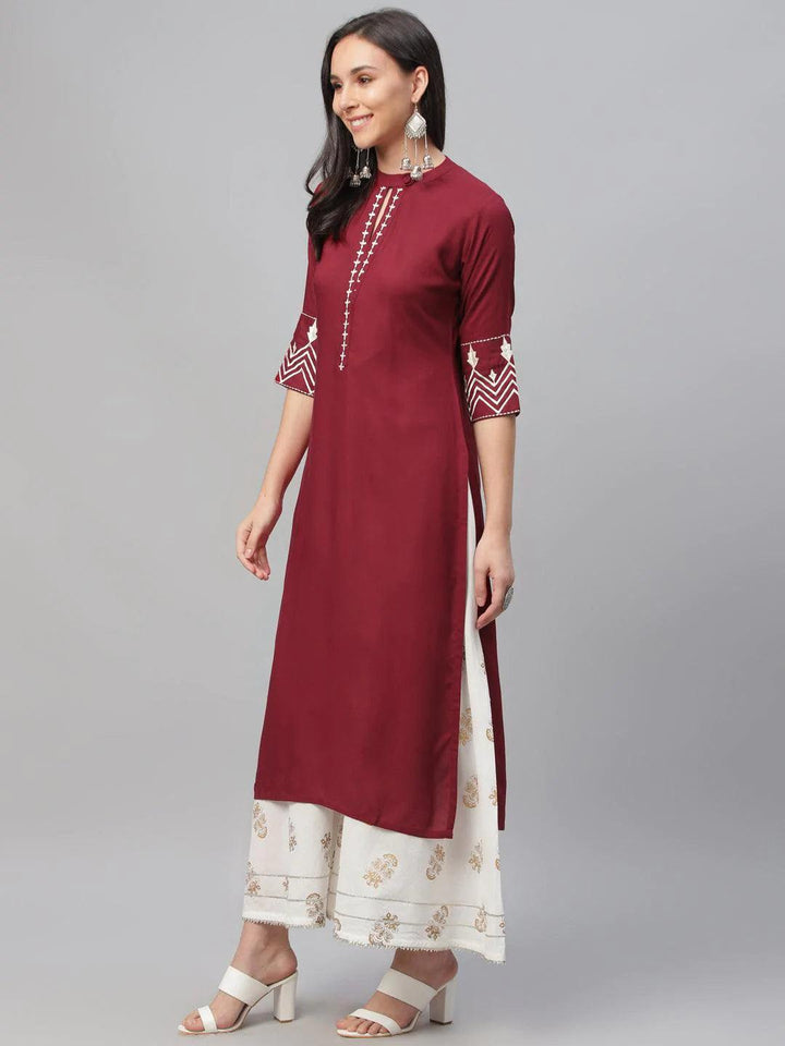 Maroon Embroidered Rayon Kurta